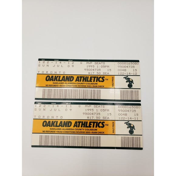 Other - Pair Oakland A's Tickets 07/09/95 Roberto Alomar HR #74 Rickey Henderson HR #231